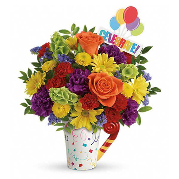 Colorful bouquet in a party cup with balloons and a "Celebrate!" sign