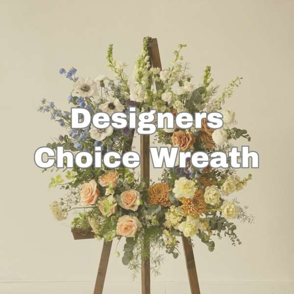 Large floral wreath on a wooden easel with peach, white, and blue flowers
