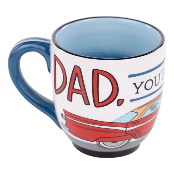 Blue ceramic mug with "DAD" text and a car graphic