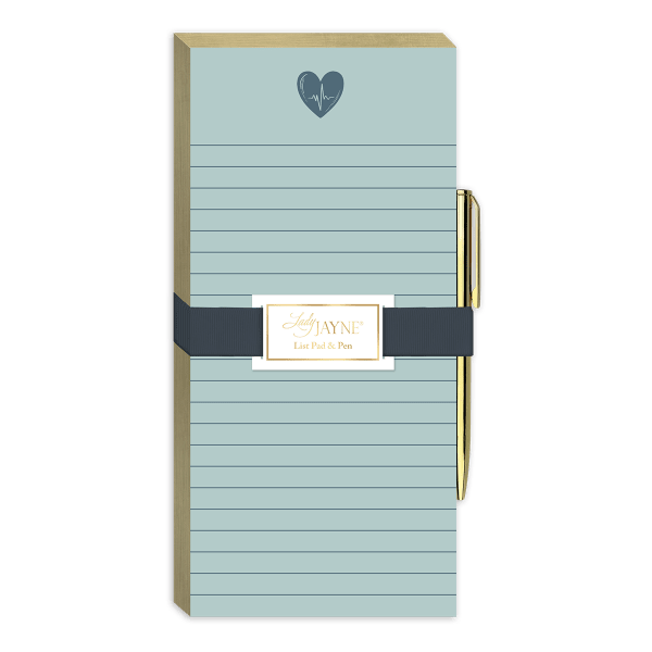 Blue lined notepad with a pen and ribbon wrap