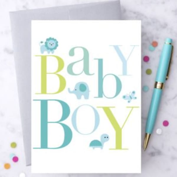 Baby boy greeting card with pastel letters and animal icons