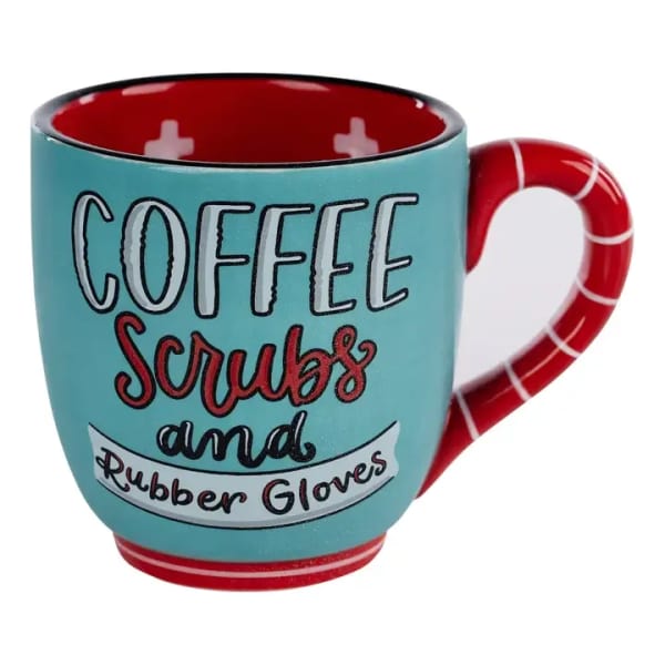 Turquoise coffee mug with red handle and coffee-themed text