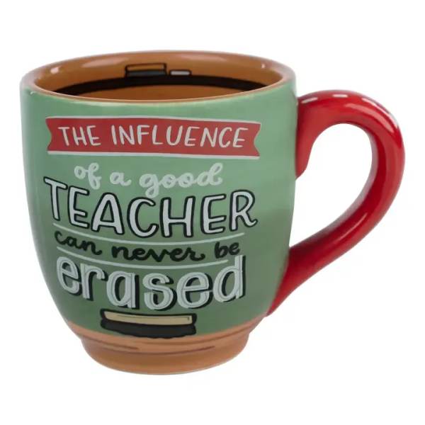 Ceramic mug with teacher-themed text and a red handle