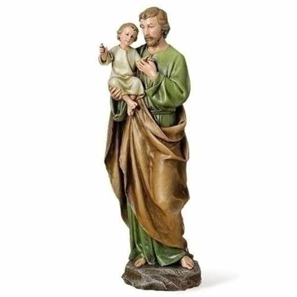Statue of a man holding a child on a rock base
