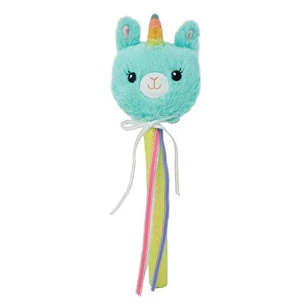 Plush unicorn head on a stick with rainbow ribbons