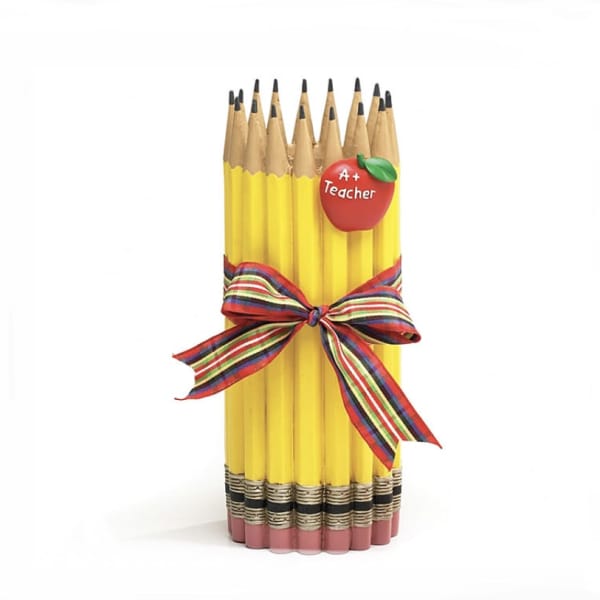 Bundle of yellow pencils tied with a striped ribbon and an A+ Teacher apple tag