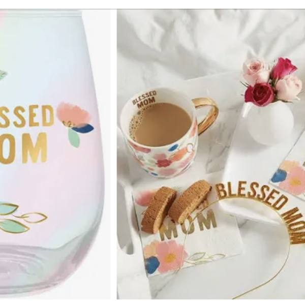 Floral "Blessed Mom" glassware and matching tableware on a white surface.