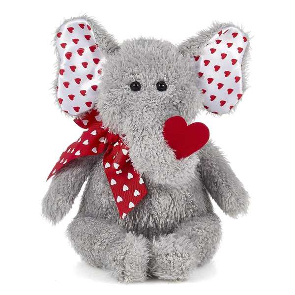 Gray plush elephant with red heart-patterned ears and a heart on its chest