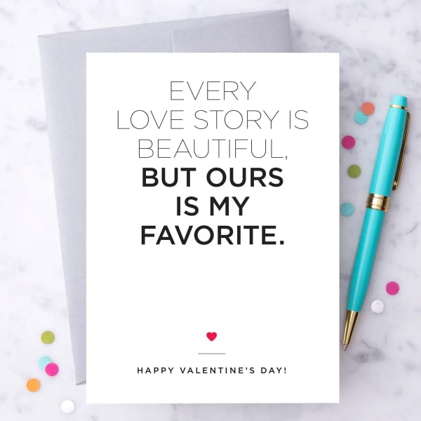 Valentine's Day card with a turquoise pen and confetti dots