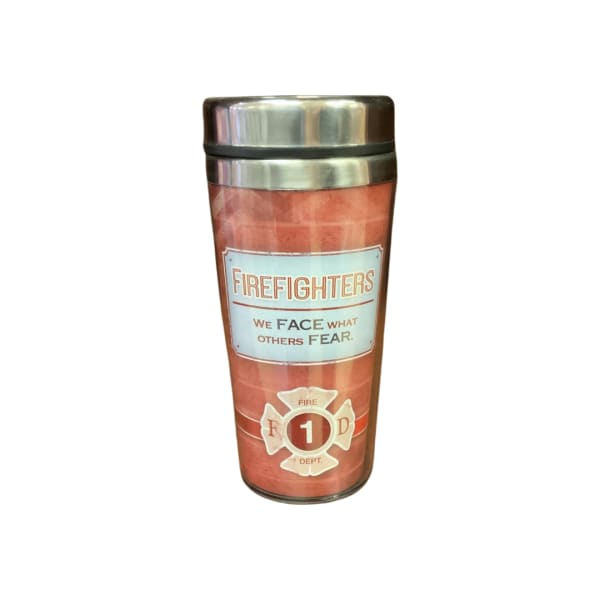 Insulated travel mug with a firefighter-themed design