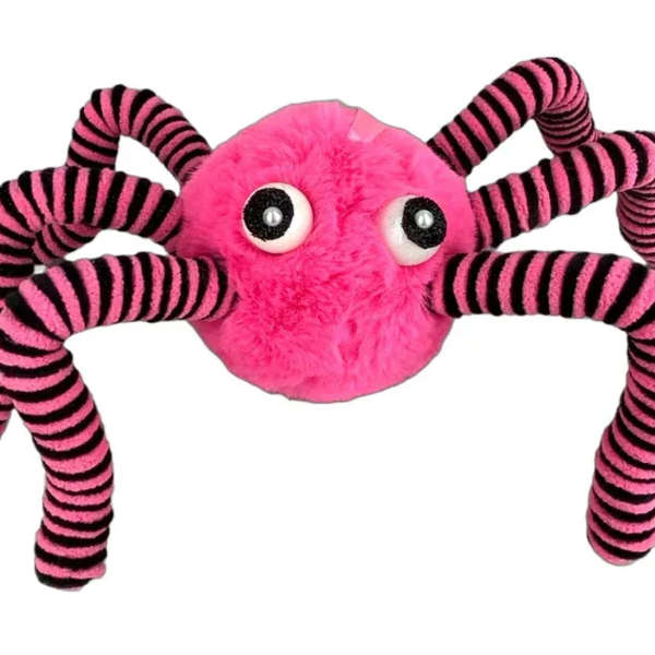 Pink plush spider toy with black striped legs and large eyes