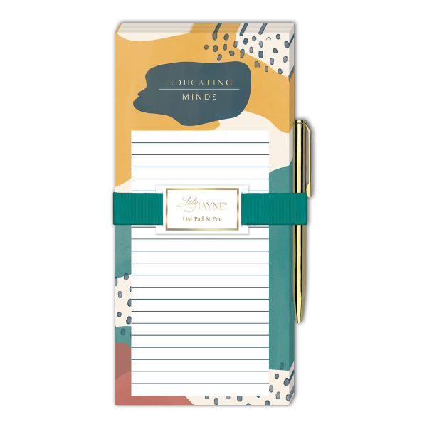 Decorative list pad with a gold pen and teal band