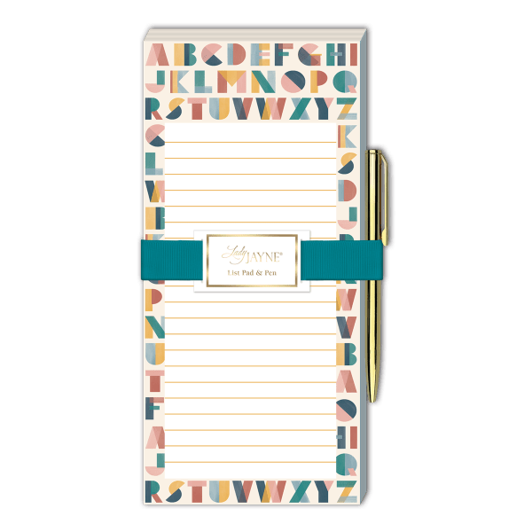 Patterned list pad with a gold pen and teal band