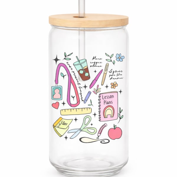 Glass Can Cup with Lid and Straw - TEACHERS