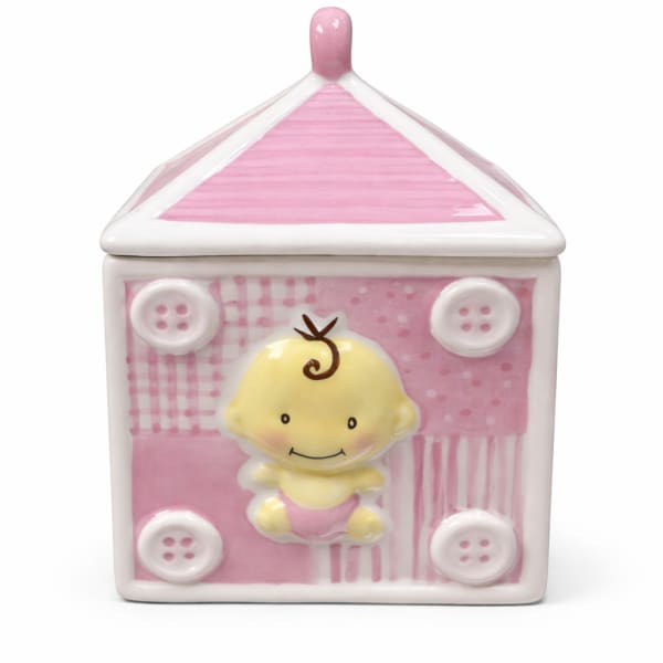 Pink ceramic baby-themed lidded container with a smiling child relief