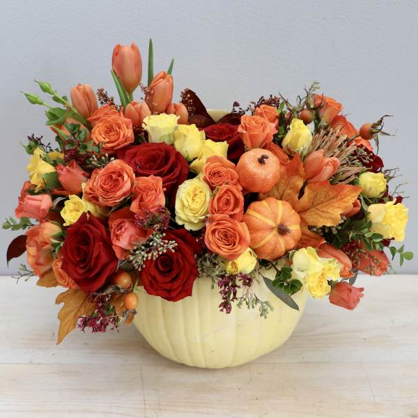 Fall arrangement of orange and yellow roses and tulips with mini pumpkins in a white pumpkin container