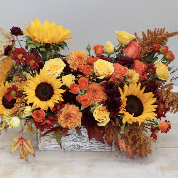 Low rectangular arrangement of sunflowers, roses, and fall-toned blooms in a whitewashed wooden box.