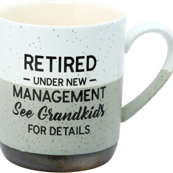 Speckled ceramic mug with retirement text