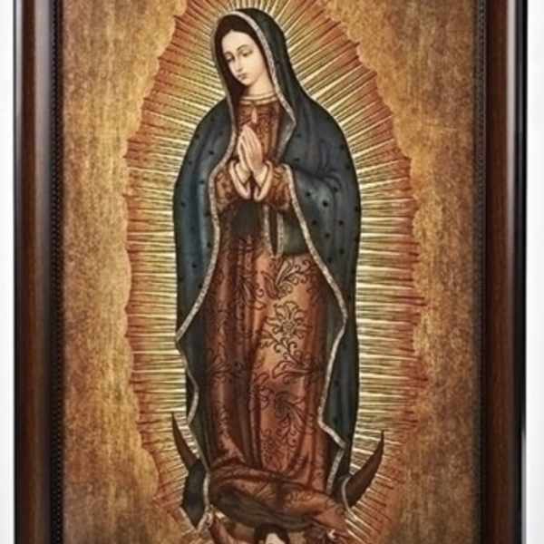 Framed religious artwork of the Virgin Mary with a gold halo