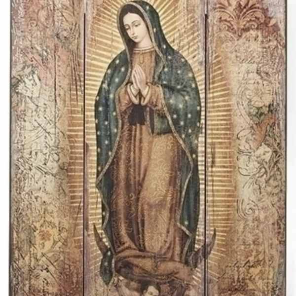 Religious triptych artwork of the Virgin Mary with a gold halo