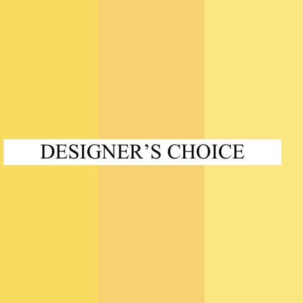 Yellow striped graphic with the words "DESIGNER'S CHOICE" centered on a white band