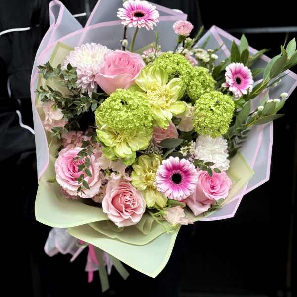 Pink and green mixed bouquet with roses and gerbera daisies