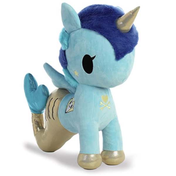Blue unicorn plush toy with gold horn and tail