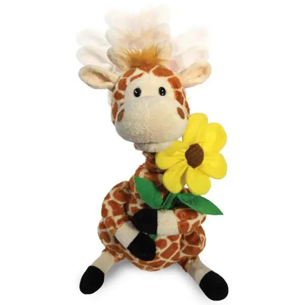 Plush giraffe holding a yellow flower