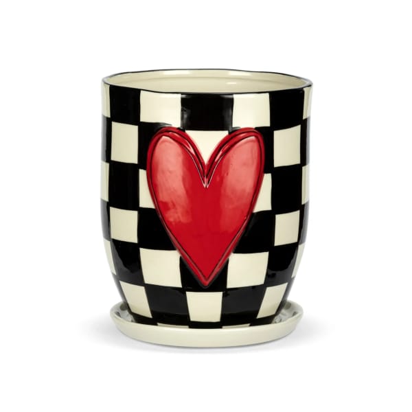 Black-and-white checkered ceramic pot with a red heart design