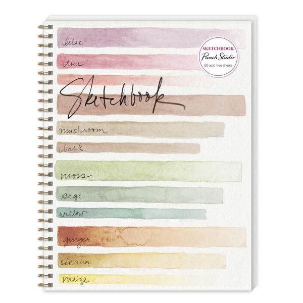 Spiral-bound sketchbook with watercolor color swatches on the cover