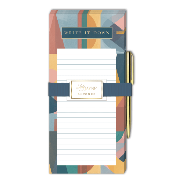 Patterned notepad with a gold pen and ribbon band