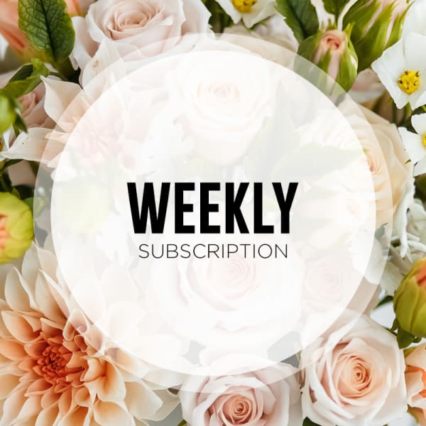 Peach and white flowers with "Weekly Subscription" text in the center