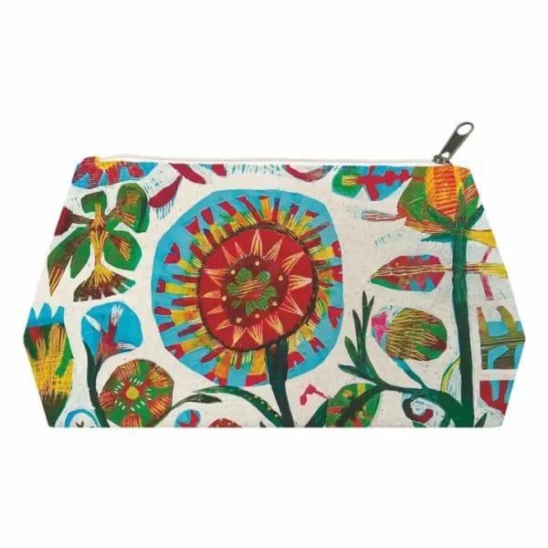 Colorful floral-print zip pouch with a white background