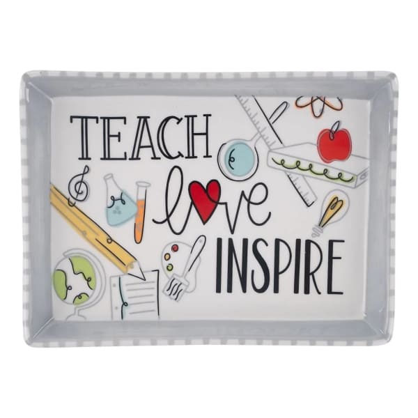Decorative tray with the words "Teach love inspire" and school icons