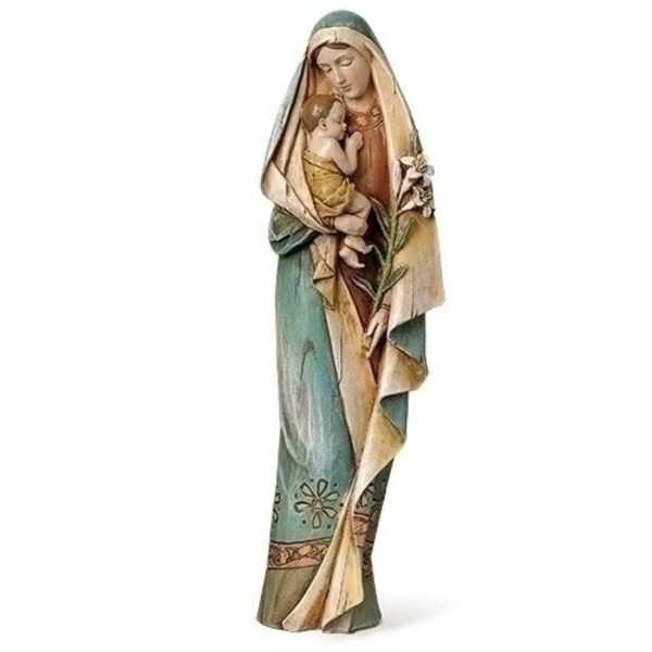 Decorative statue of a woman holding a child with a flower detail