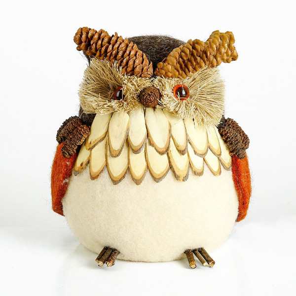 Decorative owl figurine made from pinecones and natural materials