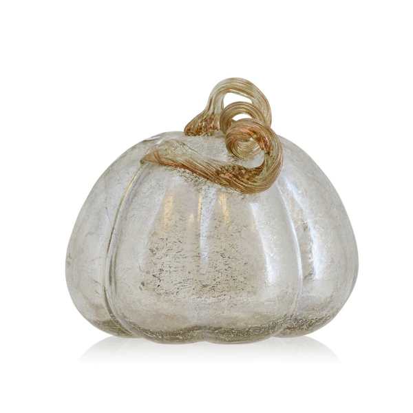 Clear glass pumpkin-shaped decorative object with a curled stem