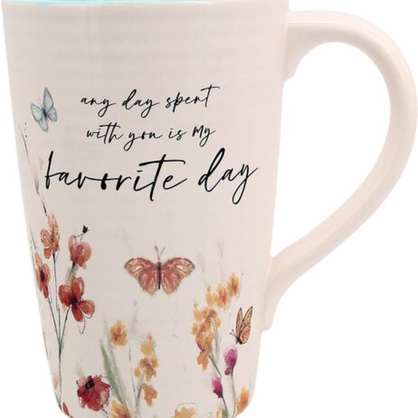 Butterfly-decorated mug with the words "any day spent with you is my favorite day"