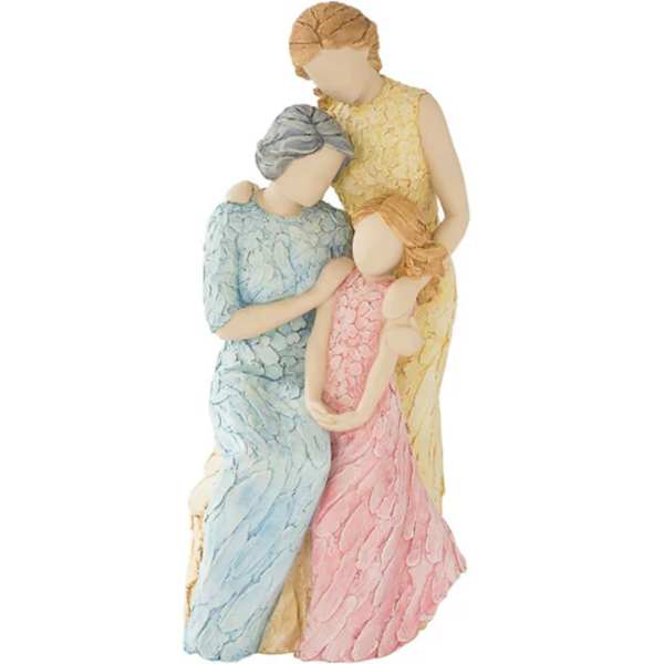 Three faceless figurines of women and a child in pastel dresses