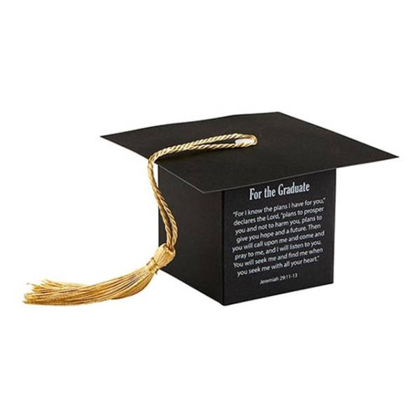Black graduation cap-shaped gift box with a gold tassel