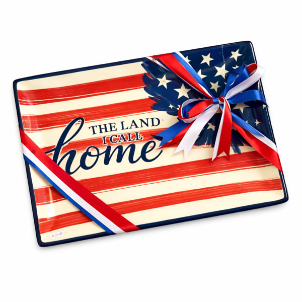 Patriotic decorative tray with red, white, and blue ribbon