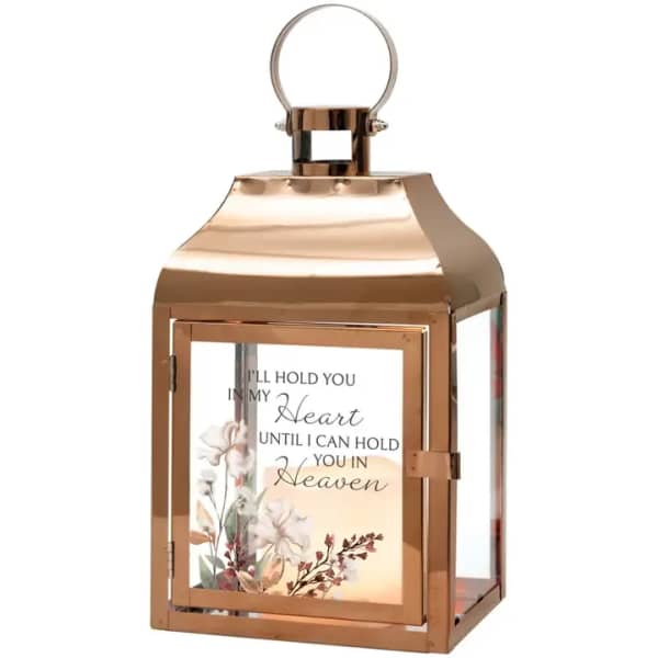 Copper lantern with a memorial quote and floral print insert