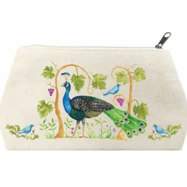Embroidered peacock on a cream zip pouch