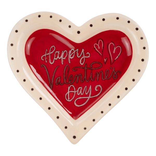 Heart-shaped Valentine’s Day plaque with red center and polka-dot border