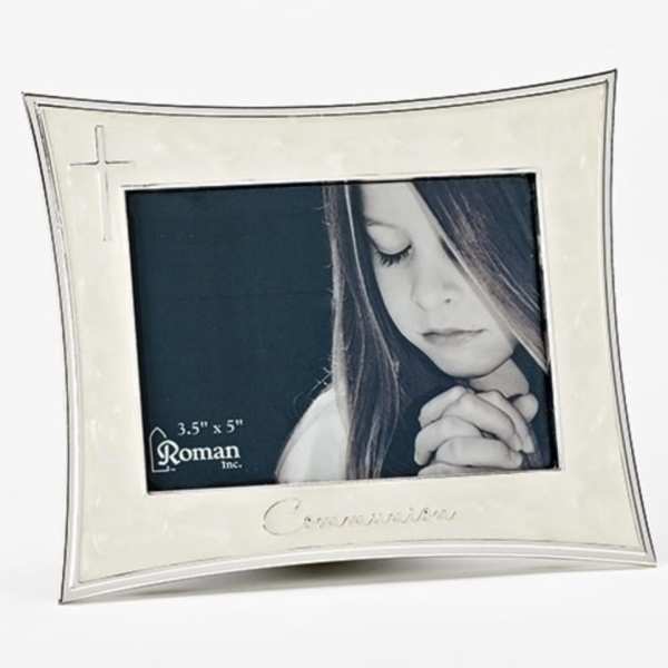 Cream-colored communion photo frame with a cross detail