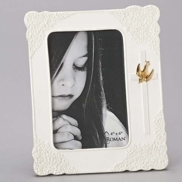 White textured photo frame with a black-and-white portrait and gold bird accent