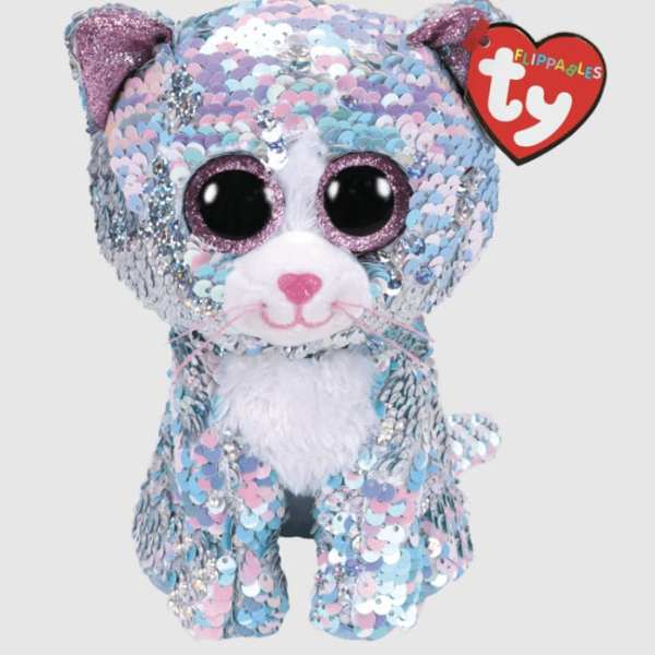 Sequin-covered Ty Beanie Boo cat plush with a heart tag