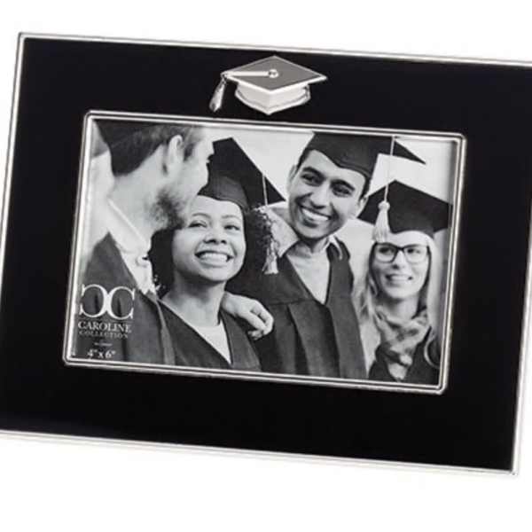 Black graduation photo frame with a mortarboard emblem