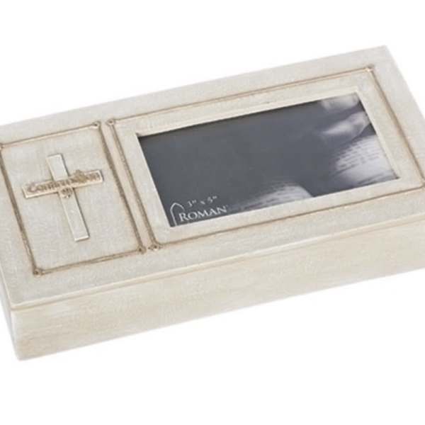 Cream-colored keepsake box with a cross and photo window