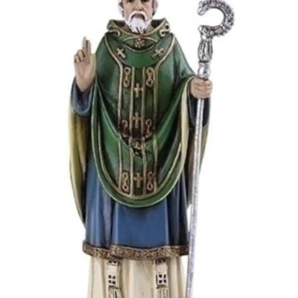 Religious statue of a bishop holding a staff